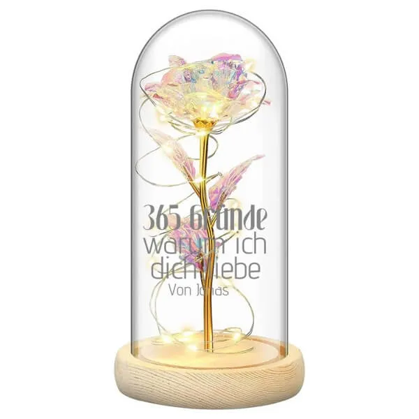 Transparente Rose Glasdom Valentinstag 365 Gründe warum ich dich liebe von Name - Glas + Schatztruhe