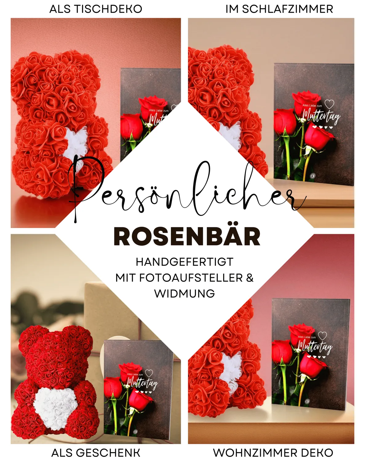 Personalisierter Rosenbär mit Fotoaufsteller