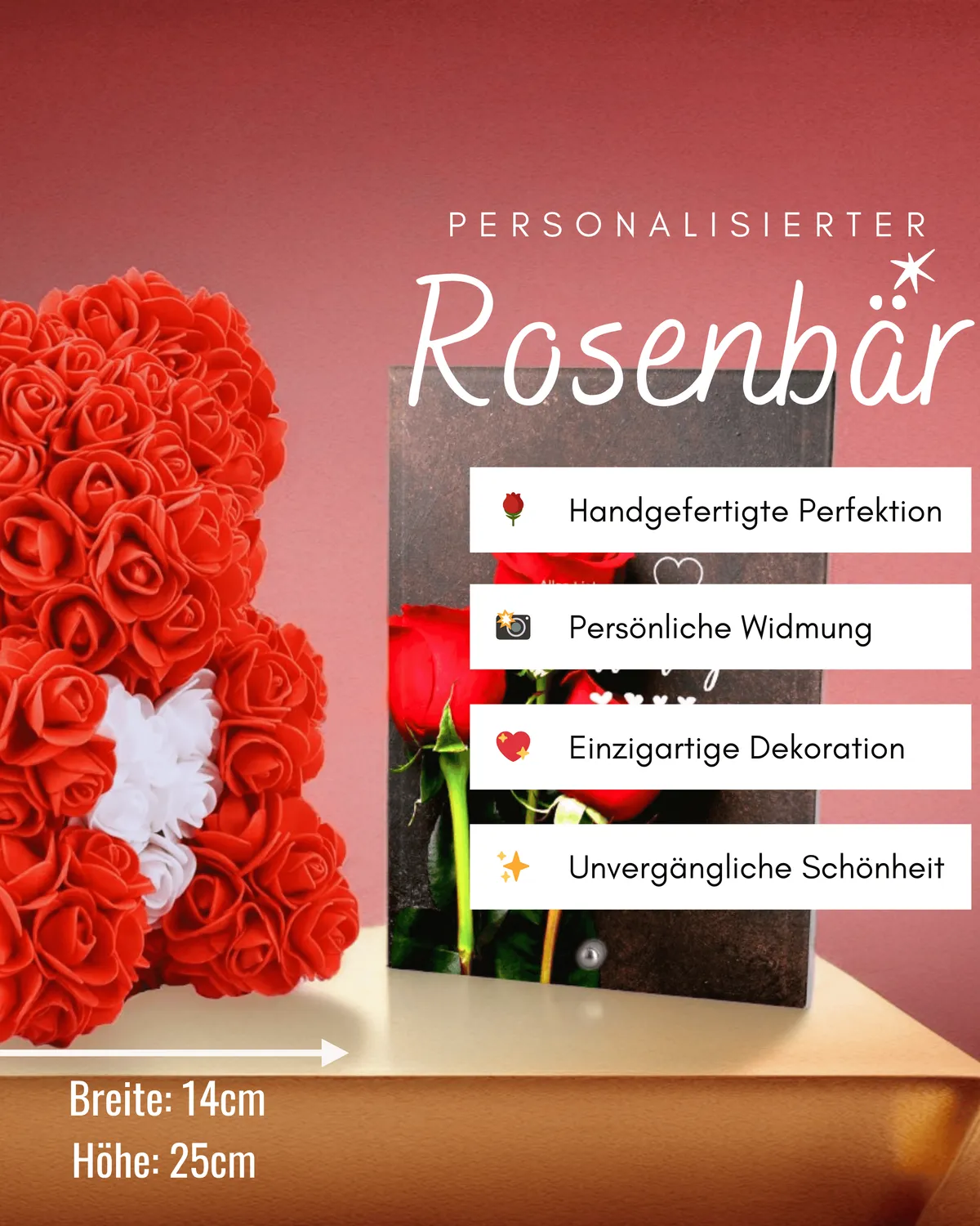 Personalisierter Rosenbär mit Fotoaufsteller