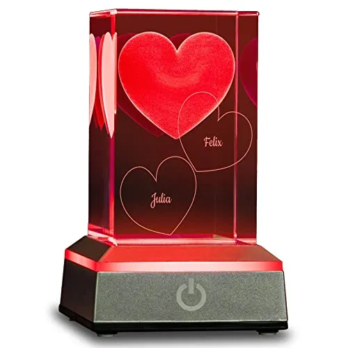 3D LED-Glas mit Gravur 2 Namen I Beziehungs-Geschenk für den Partner I personalisierte Kristall-Lampe mit Herz
