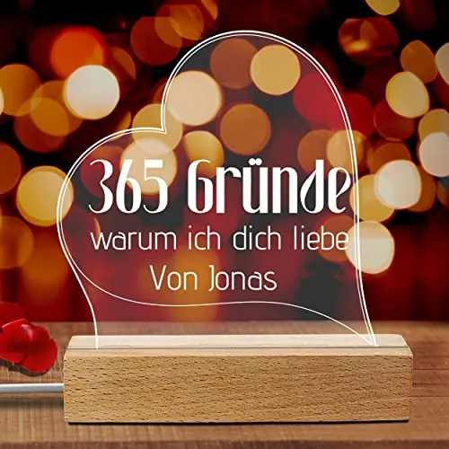 LED Lampe Valentinstag 365 Gründe warum ich dich liebe von Name - Glas + Schatztruhe