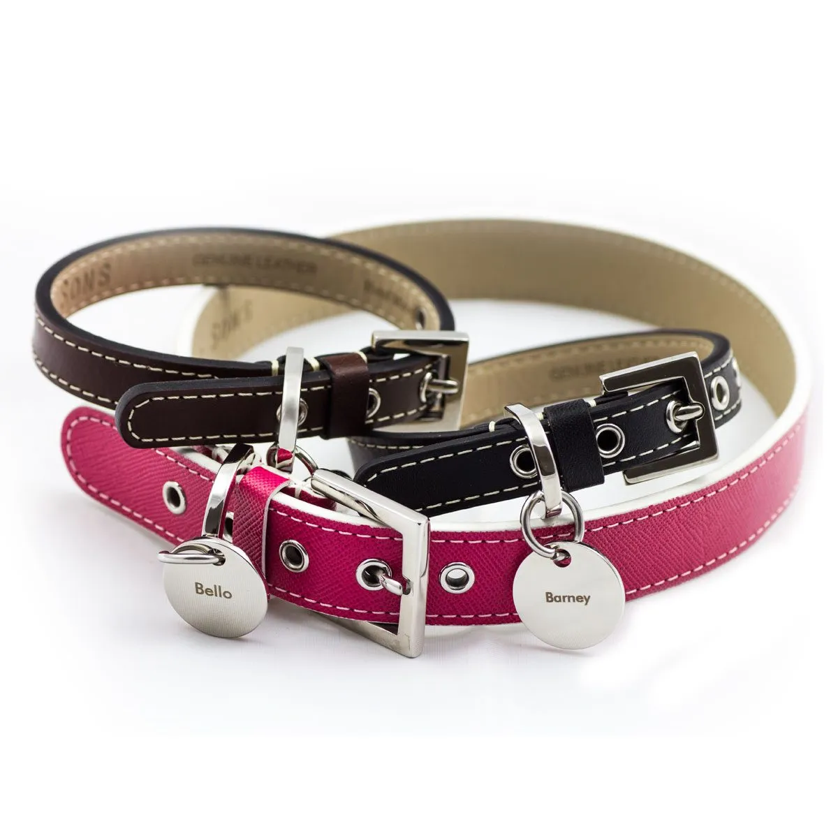 Hundehalsband aus Leder mit Gravuranhänger - Fuchsia - S