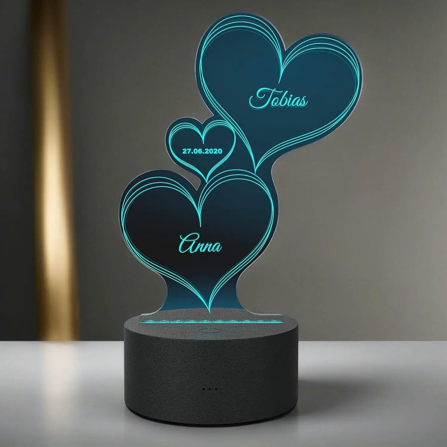 Personalisierte Herz-Leuchte mit Namensgravur | LED-Herz mit Namen und Farb-Lichtern als Geschenk-Idee | LED-Lampe mit Gravur | Deko Wohnzimmer | 7 Farben | Geschenk