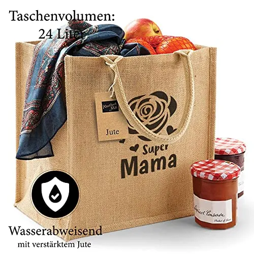 Hochwertige Einkaufstasche Super Mama mit Rose