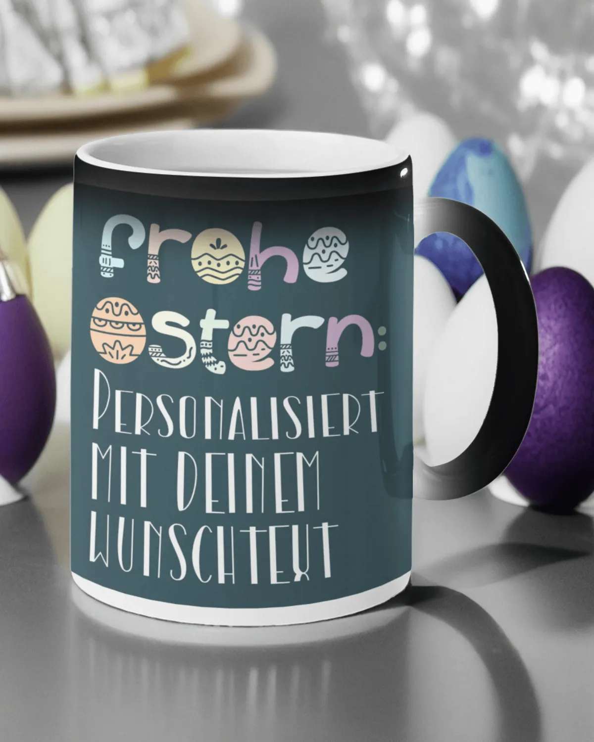 Zaubertasse mit Wunschtext & Farbwechsel Mattschwarz | Personalisierte Oster-Tasse