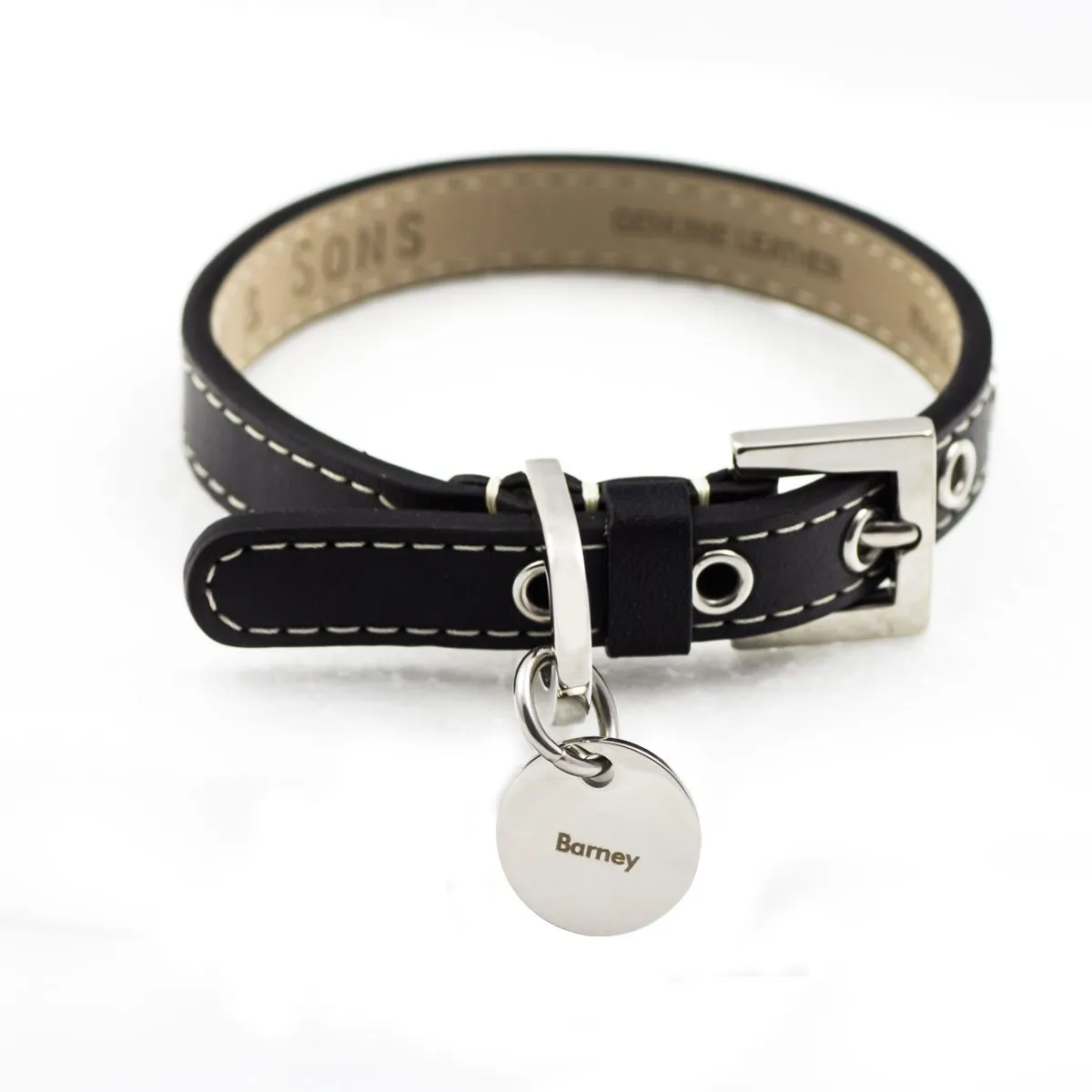Hundehalsband aus Leder mit Gravuranhänger - Schwarz - M