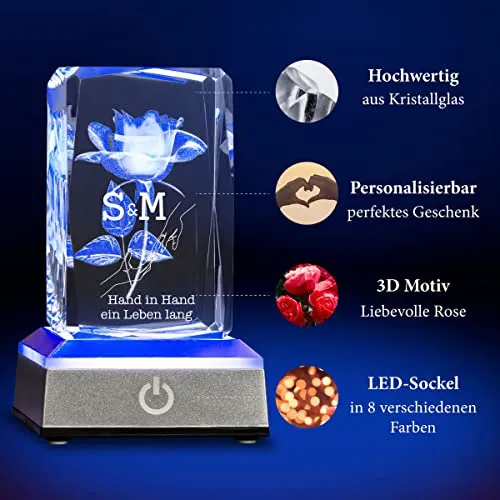 3D Kristallquader Hochzeit Initialien - Hand in Hand ein Leben lang