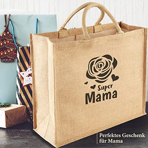 Hochwertige Einkaufstasche Super Mama mit Rose