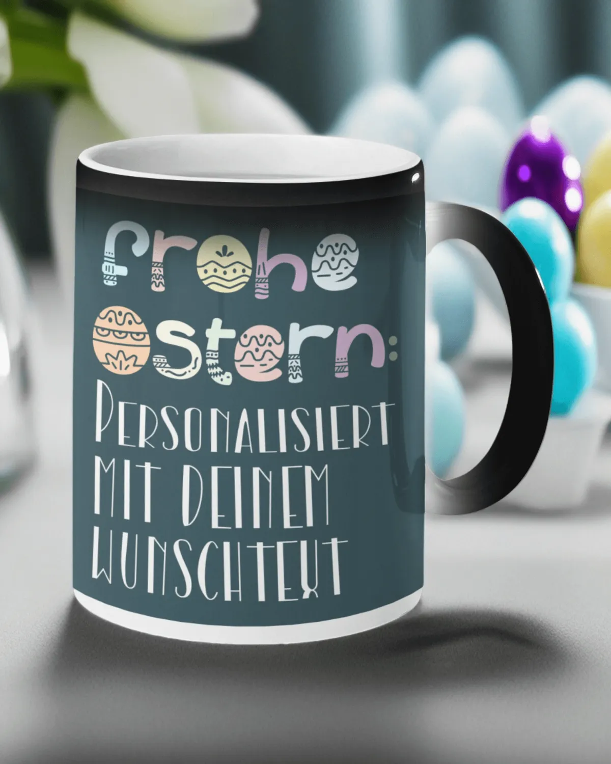 Zaubertasse mit Wunschtext & Farbwechsel Mattschwarz | Personalisierte Oster-Tasse